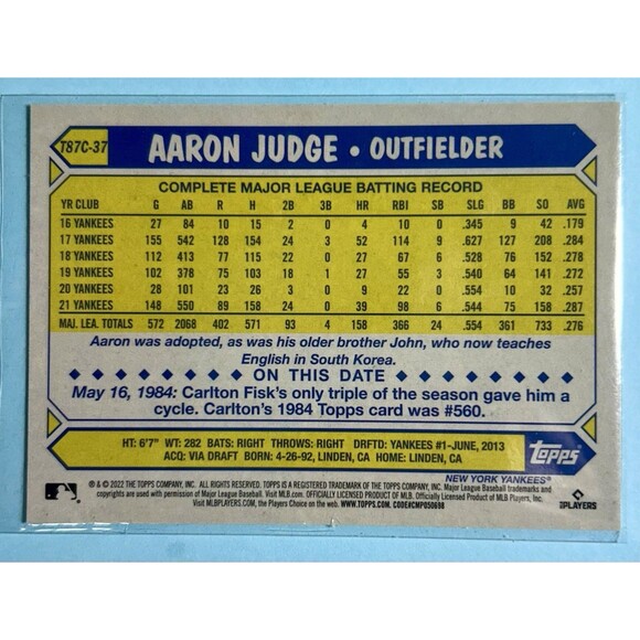 2022 Topps Aaron Judge NYY Yankees 1987 Chrome Silver Pack Mojo #T87C-37 - Picture 2 of 2